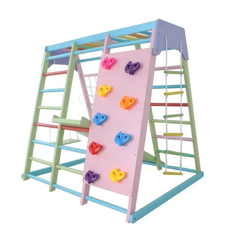 Kids Outdoor Climbing Equipment - Çocuklar İçin Ahşap Tırmanma Çerçevesi, Salıncaklı